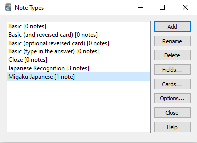 Several Different Note Types in the Anki Note Type Manager Window Side by Side